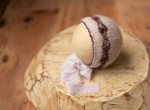 Lilac Daisy Cashmere Newborn Bonnet with Velvet Ties